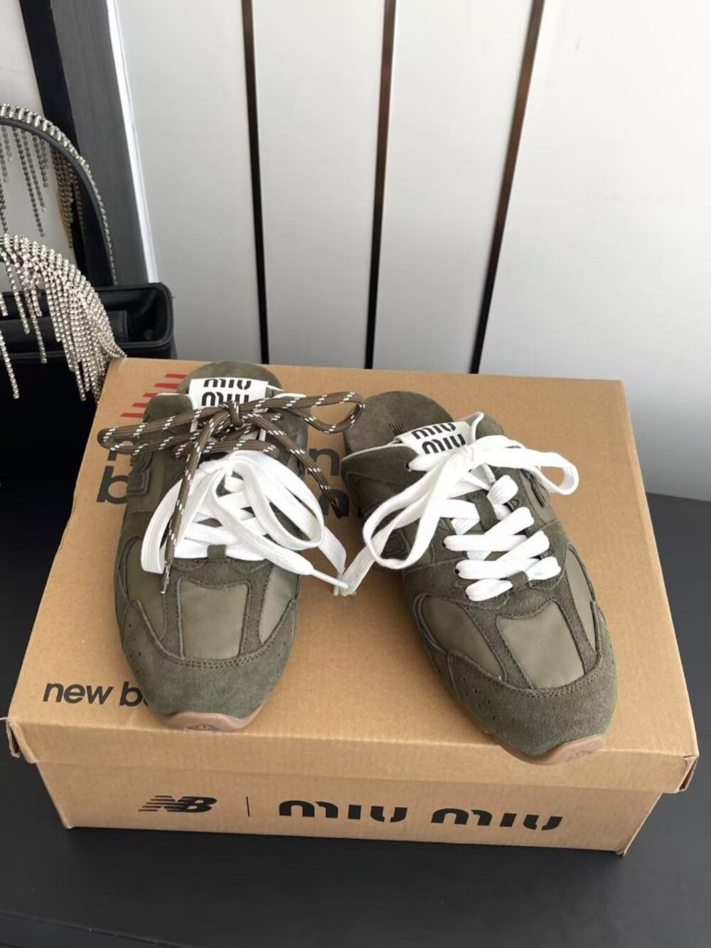 Miu Miu x New Balance Olive Green Suede Nylon Slip-On Mule Sneakers - Picture 6 of 7